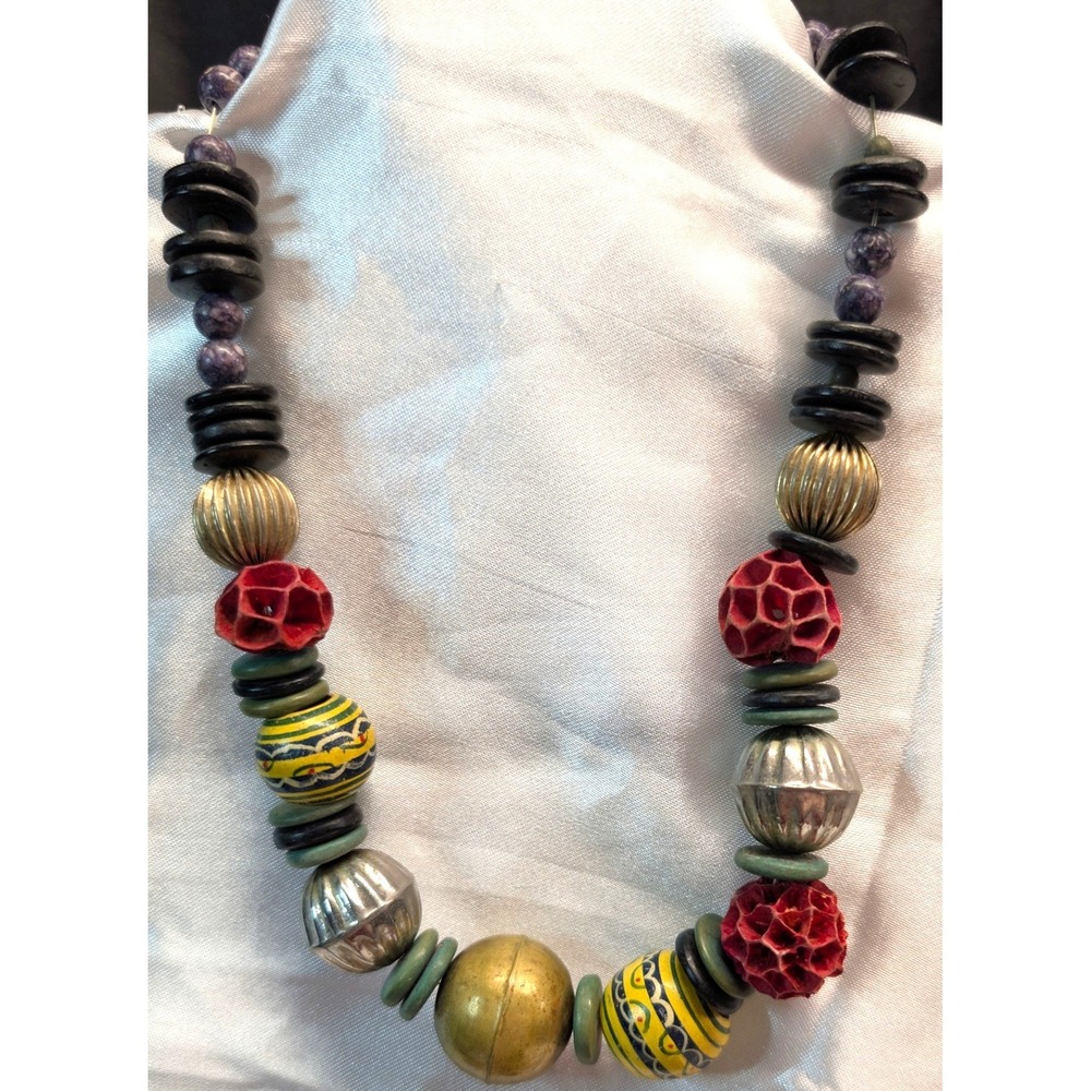 Vtg Handmade Mixed Media Statement Necklace Multicolor Boho Artisan Trade Beaded
